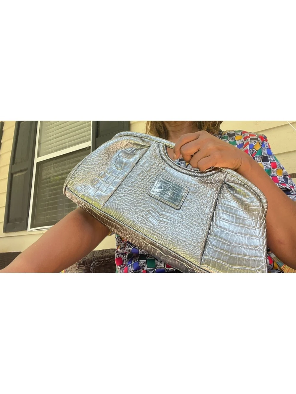 Gun metal silver embossed clutch